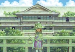 Rule 34 | 1girl, architecture, blonde hair, blue eyes, building, east asian architecture, female focus, green hat, hat, highres, long hair, miso pan, moriya suwako, moss, overgrown, plant, skirt, solo, standing, temple, touhou, tree