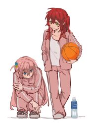Rule 34 | 2girls, ball, basketball (object), blue eyes, bocchi the rock!, bottle, commentary request, cube hair ornament, full body, gotoh hitori, green eyes, hair ornament, hand in pocket, highres, holding, holding ball, jacket, kita ikuyo, lingyi, long hair, multiple girls, one side up, open clothes, open jacket, pants, parted lips, pink hair, pink jacket, pink pants, red hair, shirt, simple background, smile, squatting, sweatdrop, track jacket, white background, white footwear, white shirt