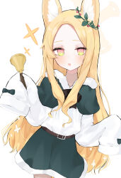 Rule 34 | 1girl, absurdres, animal ears, bell, belt, black belt, blonde hair, blue archive, blush, capelet, cowboy shot, fox ears, green capelet, green skirt, halo, highres, holding, holding bell, long hair, looking at viewer, noko (nco029685627), open mouth, seia (blue archive), shirt, skirt, sleeves past fingers, sleeves past wrists, smile, solo, white shirt, yellow eyes, yellow halo