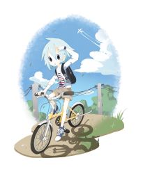 Rule 34 | 1girl, ahoge, aircraft, airplane, aqua hair, backpack, bad id, bad twitter id, bag, bare legs, bicycle, black eyes, blue footwear, blue sky, blush, brown shorts, cargo shorts, cloud, contrail, converse, day, eyebrows, flat chest, grass, hair between eyes, highres, hood, hood down, hooded jacket, jacket, looking at viewer, messy hair, mint-chan, mononomo616, no socks, open clothes, open jacket, open mouth, original, outdoors, pale skin, path, power lines, riding, road, shirt, shoes, shorts, sidelocks, sky, sneakers, solo, striped clothes, striped shirt, tree, vehicle, watch, white jacket, wristwatch