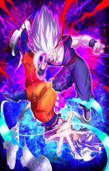 Rule 34 | 2boys, absurdres, blue background, blue footwear, blue shirt, boots, commentary request, dougi, dragon ball, dragon ball super, dragon ball super super hero, electricity, father and son, finger on forehead, full body, gohan beast, highres, long hair, makankousappou, male focus, medium hair, multiple boys, muscular, muscular male, orange pants, pants, powering up, purple background, purple eyes, purple pants, purple shirt, shirt, son gohan, son goku, spiked hair, topless, torn clothes, torn shirt, ultra instinct, upside-down, white eyes, white hair, yuuri (fukuroudou)