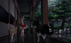 Rule 34 | 1girl, animal ears, brown hair, cat, cat ears, cat tail, chen, chinese clothes, commentary request, fish, frilled skirt, frills, green hat, hat, highres, long sleeves, mob cap, multiple tails, nekomata, outdoors, rain, red skirt, red vest, reflection, reflective floor, sero3eta, shirt, short hair, skirt, socks, standing, tail, touhou, two tails, vest, white legwear, white shirt
