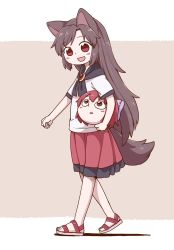 Rule 34 | :d, aged down, animal ears, blush stickers, brown hair, child, clenched hand, commentary request, disembodied head, from side, full body, hair ribbon, holding head, imaizumi kagerou, looking down, looking up, no socks, open mouth, poronegi, red eyes, red skirt, ribbon, sandals, sekibanki, shadow, shirt, skirt, smile, tail, touhou, walking, white shirt, wolf ears, wolf tail