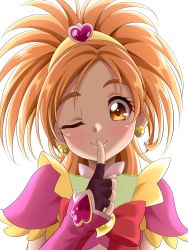 Rule 34 | 1girl, brooch, brown eyes, brown hair, cure bloom, earrings, finger to mouth, fingerless gloves, fins, futari wa precure splash star, gloves, heart, heart brooch, heart earrings, highres, hyuuga saki, index finger raised, jewelry, looking at viewer, magical girl, one eye closed, precure, s-operator, simple background, smile, solo, tiara, upper body, white background