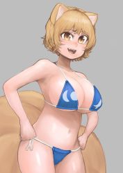 Rule 34 | 1girl, absurdres, bikini, blonde hair, blue bikini, breasts, chanta (ayatakaoisii), cleavage, cowboy shot, fox tail, grey background, hands on own hips, highres, large breasts, multiple tails, navel, open mouth, print bikini, short hair, simple background, smile, solo, swimsuit, tail, touhou, yakumo ran, yellow eyes