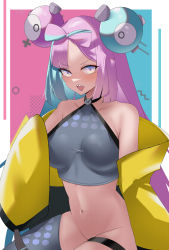 Rule 34 | 1girl, absurdres, bad id, bad pixiv id, bare shoulders, black jacket, bow-shaped hair, breasts, character hair ornament, cleavage, creatures (company), game freak, gen 1 pokemon, grey shirt, hair ornament, hexagon print, highres, iono (pokemon), jacket, large breasts, long sleeves, looking at viewer, magnemite, medium breasts, multicolored clothes, multicolored hair, multicolored jacket, musicatopos, nintendo, no panties, oversized clothes, pink hair, pokemon, pokemon sv, sharp teeth, shirt, sleeveless, sleeveless shirt, sleeves past fingers, sleeves past wrists, solo, split-color hair, teeth, thigh strap, thighs, two-tone hair, two-tone jacket, very long sleeves, wide sleeves, x, yellow jacket