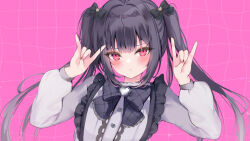 Rule 34 | 1girl, \m/, black bow, black hair, blush, bow, center frills, closed mouth, commentary request, double \m/, frills, grey shirt, hair bow, hair ornament, hands up, heart, heart hair ornament, long hair, long sleeves, looking at viewer, original, partial commentary, pink background, pon (ponidrop), puffy long sleeves, puffy sleeves, red eyes, revision, shirt, solo, twintails, upper body, very long hair