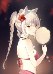 Rule 34 | 1girl, animal ears, bare arms, bare shoulders, bikini, bikini top only, blurry, body blush, braid, breasts, cat ears, cotton candy, flower, food, from side, gradient background, grey hair, halterneck, hibiscus, holding, holding food, long hair, looking at viewer, looking to the side, lpip, open mouth, original, purple background, purple bikini, red flower, red hair, sarong, sideboob, small breasts, solo, swimsuit, twin braids, upper body