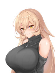 1girl arms_behind_back bare_shoulders black_sweater blonde_hair blush breasts clothing_cutout fang fang_out hair_between_eyes highres jewelry large_breasts long_hair looking_at_viewer necklace nijisanji nui_sociere nui_sociere_(4th_costume) reirall ribbed_sweater shoulder_cutout simple_background skin_fang smile solo sweater turtleneck turtleneck_sweater upper_body very_long_hair virtual_youtuber white_background yellow_eyes