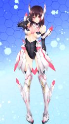 Rule 34 | 1girl, adjusting hair, armor, armored boots, black thighhighs, bodysuit, boots, breasts, brown hair, cleavage cutout, clothing cutout, covered navel, frofrofrost, highres, izumi rina, leotard, long hair, looking at viewer, medium breasts, phantasy star, phantasy star online 2, phantasy star online 2 the animation, pink eyes, smile, solo, thigh boots, thighhighs, underboob, white footwear, white thighhighs