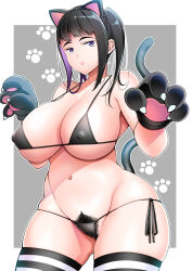 Rule 34 | 1girl, animal ears, animal hands, bikini, black hair, breasts, cat ears, cat tail, colored inner hair, commentary request, covered erect nipples, excessive pubic hair, gloves, groin, huge breasts, micro bikini, mole, mole under mouth, multicolored hair, navel, original, paw gloves, paw pose, paw print, paw print background, pubic hair, pubic hair peek, purple eyes, purple hair, satsuki imonet, sidelocks, skindentation, solo, striped clothes, striped thighhighs, swimsuit, tail, thighhighs, thighs, twintails, wide hips