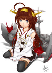 Rule 34 | 1girl, ahoge, artist name, black thighhighs, blue eyes, brown hair, chizza, dated, double bun, hair bun, highres, kantai collection, kongou (kancolle), long hair, nontraditional miko, seiza, signature, simple background, sitting, solo, thighhighs, white background