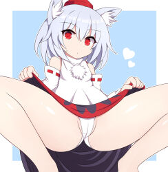 Rule 34 | 1girl, :o, animal ears, bare shoulders, black skirt, blue background, breasts, cameltoe, cleft of venus, clothes lift, detached sleeves, full body, groin, hat, heart, inubashiri momiji, looking at viewer, open mouth, panties, pom pom (clothes), red eyes, red skirt, ribbon-trimmed sleeves, ribbon trim, rizento, shirt, simple background, skirt, skirt lift, small breasts, solo, spread legs, squatting, sweatdrop, thighs, tokin hat, touhou, turtleneck, underwear, upskirt, white hair, white panties, white shirt, wolf ears