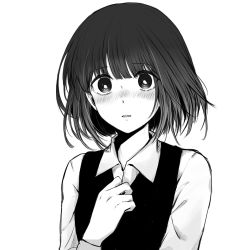 Rule 34 | 1girl, arima kana, blunt bangs, blush, chinese commentary, collared shirt, commentary request, eyes visible through hair, greyscale, hands on own chest, highres, looking at viewer, monochrome, nose blush, open mouth, oshi no ko, parted lips, scuro, shirt, short hair, simple background, solo, upper body, vest, white background