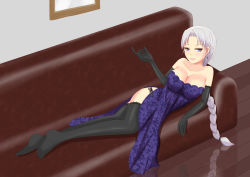 Rule 34 | 1girl, absurdres, bad id, bad pixiv id, black thighhighs, breasts, cleavage, couch, du mogu, elbow gloves, gloves, highres, lace, lace-trimmed gloves, lace-trimmed legwear, lace trim, large breasts, long hair, lying, on side, picture frame, reflection, solo, thighhighs, touhou, wooden floor, yagokoro eirin