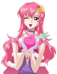 Rule 34 | 00s, 1girl, blue eyes, breasts, cleavage, coat, feathers, gloves, gundam, gundam seed, hair ornament, hairclip, happy, haro, highres, lacus clyne, long hair, medium breasts, one eye closed, open mouth, pink hair, simple background, solo, wink