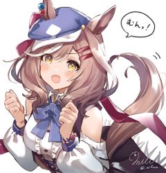 Rule 34 | !, 1girl, :d, animal ears, bad id, bad pixiv id, blue bow, blue bowtie, blue hat, bow, bowtie, bracelet, breasts, brown hair, brown skirt, buttons, cabbie hat, center frills, commentary, detached sleeves, ears through headwear, ei ei mun!, frills, hair ornament, hairclip, hat, highres, horse ears, horse girl, horse tail, jewelry, long sleeves, looking at viewer, matikane tannhauser (umamusume), medium breasts, medium hair, milluun, open mouth, puffy long sleeves, puffy sleeves, shirt, skirt, smile, solo, speech bubble, tail, tail wagging, translated, umamusume, w arms, white shirt, yellow eyes