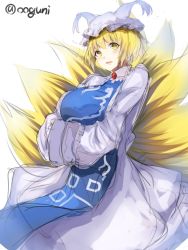 Rule 34 | 1girl, animal ears, animal hat, blonde hair, blush, breasts, colorized, dress, female focus, fox ears, fox tail, hands in opposite sleeves, hat, large breasts, long sleeves, looking at viewer, mob cap, multiple tails, open mouth, short hair, simple background, sketch, smile, solo, tabard, tail, touhou, twitter username, white background, white dress, wide sleeves, wowoguni, yakumo ran, yellow eyes