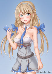 Rule 34 | 1girl, anti (untea9), belt, between breasts, blue background, blue bow, blue necktie, bow, braid, breasts, cellphone, commentary request, cowboy shot, crown braid, detached collar, dress, gradient background, green eyes, grey dress, hair bow, highres, kantai collection, large breasts, light brown hair, long hair, looking at viewer, maryland (kancolle), necktie, phone, solo, strapless, strapless dress