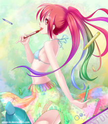 Rule 34 | 1girl, :p, atomix, bare arms, bare shoulders, bikini, bikini top only, colorful, flat chest, from side, gradient hair, highres, holding, long hair, looking at viewer, looking to the side, marker, multicolored hair, original, profile, rainbow hair, red eyes, solo, swimsuit, tongue, tongue out, twintails, watermark, web address