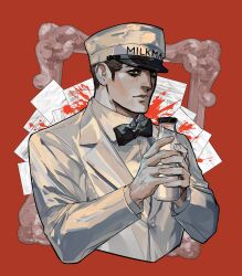 Rule 34 | 1boy, absurdres, black bow, black bowtie, black eyes, blood, blood splatter, bottle, bow, bowtie, brown hair, collared jacket, collared shirt, cropped torso, formal, francis mosses, hands up, hat, highres, holding, holding bottle, indonesian commentary, jacket, liadadadam, long sleeves, looking at viewer, male focus, milkman, paper, picture frame, red background, shirt, short hair, solo, suit, that&#039;s not my neighbor, very short hair, white hat, white jacket, white shirt, white suit