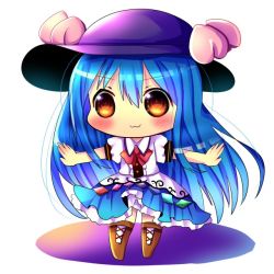 Rule 34 | 1girl, :3, blue hair, blush, brown eyes, chibi, chocolat (momoiro piano), food, fruit, hat, hinanawi tenshi, long hair, looking at viewer, outstretched arms, peach, smile, solo, spread arms, touhou