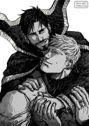 Rule 34 | 2boys, aged up, alternate universe, arm around shoulder, armor, bad id, bad tumblr id, bara, beard, black hair, blonde hair, couple, cris art, ear piercing, eye contact, facial hair, greyscale, hand on another&#039;s shoulder, high collar, holding hands, hulkling, husband and husband, interlocked fingers, jewelry, looking at another, male focus, marvel, monochrome, multiple boys, mustache, pauldrons, piercing, ring, short hair, shoulder armor, sideburns, sideburns stubble, smile, sparse stubble, stubble, thick eyebrows, upper body, wedding ring, wiccan, yaoi