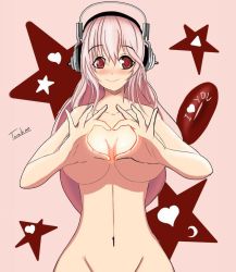 Rule 34 | 1girl, blush, breasts, censored, convenient censoring, headphones, heart, heart hands, large breasts, long hair, navel, nitroplus, nude, out-of-frame censoring, pink hair, red eyes, smile, solo, star (symbol), super sonico, torahime (roland00)