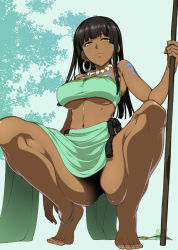 Rule 34 | 1girl, anklet, ass, bare shoulders, barefoot, black hair, blunt bangs, breasts, dark-skinned female, dark skin, earrings, feet, holding, holding weapon, hyouju issei, jewelry, long hair, looking at viewer, midriff, navel, necklace, original, polearm, smile, solo, squatting, strapless, tribal, tube top, underboob, weapon, yellow eyes