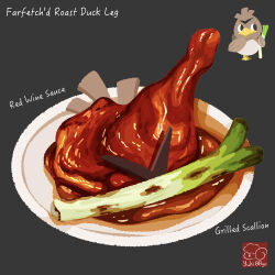 Rule 34 | artist logo, artist name, creatures (company), duck (food), duck leg, farfetch&#039;d, food, food focus, food name, game freak, gen 1 pokemon, grey background, highres, holding, holding food, holding spring onion, holding vegetable, nintendo, no humans, pokemon, pokemon (creature), red wine sauce, sauce, simple background, spring onion, vegetable, yuki00yo