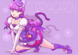 Rule 34 | 10s, 1girl, all fours, animal ears, boots, bow, bubble skirt, cat ears, cat tail, character name, choker, collarbone, cure macaron, earrings, elbow gloves, extra ears, food-themed hair ornament, gloves, hair ornament, high heel boots, high heels, highres, jewelry, kirakira precure a la mode, knee boots, kotozume yukari, layered skirt, long hair, macaron hair ornament, magical girl, ogry ching, precure, puffy sleeves, purple background, purple bow, purple footwear, purple hair, purple skirt, purple theme, ribbon choker, shadow, skirt, solo, tail, thighhighs, white gloves
