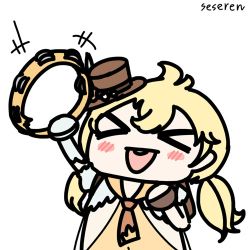 Rule 34 | &gt; &lt;, 1girl, animated, animated gif, blonde hair, character request, hat, instrument, long hair, lowres, open mouth, red: pride of eden, seseren, tambourine, twintails