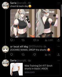 Rule 34 | 2girls, abs, arknights, bare shoulders, black gloves, black shorts, black sports bra, breasts, bulge, cellphone, chat log, clothing cutout, dragon girl, dragon horns, dragon tail, fake screenshot, fingerless gloves, from behind, futanari, gloves, grey hair, highres, holding, holding phone, horns, long hair, looking at viewer, looking back, medium breasts, midriff, muelsyse (arknights), multiple girls, navel, phone, ponytail, saria (arknights), selfie, shorts, sidelocks, sideways glance, single glove, smartphone, smile, sports bra, standing, supershrimpcakes, tail, tail through clothes, twitter, very long hair, watch, wristwatch, yellow eyes