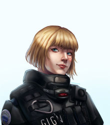 Rule 34 | 1girl, alternate costume, apex legends, artist name, blonde hair, blue eyes, commentary, commission, english commentary, facial scar, gign, highres, looking to the side, maseo, portrait, scar, scar on cheek, scar on face, short hair, smile, solo, tactical clothes, wattson (apex legends)