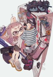 Rule 34 | 0 05kmgrn, 1girl, absurdres, arms up, black footwear, black shorts, blunt bangs, blush, book, box, breasts, can, closed mouth, clothes hanger, cross-laced footwear, dolphin shorts, drink can, dual wielding, earrings, full body, glasses, goggles, highres, holding, holding clothes, holding shirt, ink tank (splatoon), inkling, inkling girl, inkling player character, jewelry, locker, looking at object, medium hair, nintendo, pink eyes, pink hair, pointy ears, purple trim, round eyewear, sandals, shirt, shorts, small breasts, solo, splat roller (splatoon), splatoon (series), splatoon 3, sticker, striped clothes, striped shirt, super sea snail, tentacle hair, tiptoes, unworn eyewear, unworn sandals, unworn shirt, white background, white footwear, white shirt, yellow-framed eyewear