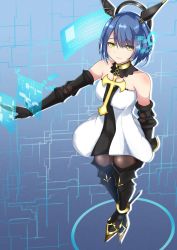 Rule 34 | 1girl, armored boots, azur lane, bare shoulders, black collar, black dress, black footwear, black gloves, blue hair, boots, breasts, collar, cross, cross necklace, dress, elbow gloves, full body, gascogne (azur lane), gloves, halo, headgear, highres, holographic interface, jewelry, looking at viewer, mechanical halo, medium breasts, necklace, pantyhose, rudder footwear, sakamoto (slopepepepe), short dress, short hair, sleeveless, sleeveless dress, solo, strapless, strapless dress, two-tone dress, white dress, yellow eyes