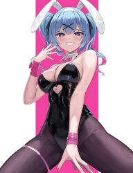 Rule 34 | 1girl, absurdres, animal ears, bare arms, bare shoulders, between legs, black leotard, blue eyes, blue hair, bow, bowtie, breasts, brown pantyhose, cleavage, clothing cutout, covered navel, detached collar, doggo34476335, facial mark, fake animal ears, grin, hair ornament, hair ribbon, hairband, hairclip, hand between legs, hand up, hatsune miku, heart, heart-shaped pupils, heart cutout, highleg, highleg leotard, highres, large breasts, leotard, nail polish, pantyhose, pink nails, playboy bunny, rabbit ears, rabbit hole (vocaloid), ribbon, shiny clothes, smile, solo, spaghetti strap, symbol-shaped pupils, thigh strap, twintails, two-tone background, vocaloid, white hairband, wristband, x hair ornament