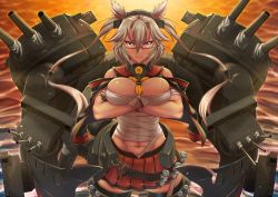 Rule 34 | 1girl, abs, blonde hair, breasts, budget sarashi, cannon, collar, commentary request, crossed arms, dark skin, dark-skinned female, exeb., glasses, gloves, gunbuster pose, hair between eyes, headgear, kantai collection, large breasts, looking at viewer, machinery, musashi (kancolle), navel, partially fingerless gloves, pleated skirt, pointy hair, red eyes, red skirt, sarashi, short hair with long locks, skirt, solo, sunset, thighhighs, turret, two side up, water