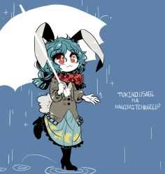 Rule 34 | 1girl, :3, animal ears, blue background, blue hair, blush stickers, boots, buttons, crescent, crescent print, eyelashes, eyes visible through hair, fur trim, high heel boots, high heels, jacket, leg up, long hair, low-tied long hair, low twintails, puddle, rabbit ears, rabbit tail, rain, red eyes, romaji text, scarf, seiran (touhou), silhouette, solo, star-shaped pupils, star (symbol), star print, sweater, symbol-shaped pupils, tail, touhou, turtleneck, turtleneck sweater, twintails, umbrella, yt (wai-tei)