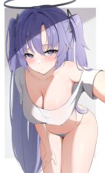 Rule 34 | 1girl, black panties, blue archive, blush, breasts, cleavage, closed mouth, collarbone, cowboy shot, hair between eyes, halo, hand on own thigh, highres, large breasts, long hair, looking at viewer, mechanical halo, navel, nenight, panties, purple eyes, purple hair, shirt, short sleeves, solo, two side up, underwear, white shirt, yuuka (blue archive)