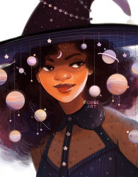 Rule 34 | 1girl, artist name, black dress, black hat, brown eyes, closed mouth, commentary, crescent, crescent facial mark, curly hair, dark-skinned female, dark skin, dress, english commentary, facial mark, geneva bowers, hat, hat ornament, long hair, looking to the side, original, planet, planetary ring, purple hair, see-through, see-through dress, simple background, solo, star (symbol), star print, watermark, white background, witch hat