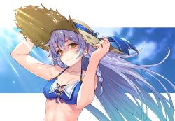 Rule 34 | 1girl, absurdres, bare shoulders, bikini, bikini top only, blue sky, braid, breasts, cleavage, cloud, collarbone, granblue fantasy, hat, highres, holding, holding clothes, holding hat, huge filesize, long hair, looking at viewer, medium breasts, purple hair, rumeha (aormsj22), silva (granblue fantasy), sky, smile, solo, straw hat, sunlight, swimsuit, twin braids, upper body, yellow eyes