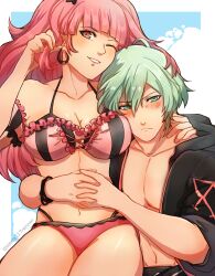 Rule 34 | 1boy, 1girl, absurdres, bare shoulders, bikini, black jacket, blush, breasts, byleth (fire emblem), byleth (male) (fire emblem), cleavage, collarbone, commentary, commission, earrings, fire emblem, fire emblem: three houses, fire emblem heroes, green eyes, green hair, grin, highres, hilda valentine goneril, jacket, jewelry, large breasts, long hair, looking at viewer, matching hair/eyes, multi-strapped bikini bottom, navel, nintendo, off-shoulder bikini, off shoulder, official alternate costume, one eye closed, open clothes, open jacket, own hands together, pink bikini, pink eyes, pink hair, second-party source, short sleeves, sierra117renner, smile, stomach, swimsuit, twitter username, upper body, very long hair, wink
