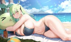 Rule 34 | &gt; &lt;, 1girl, antlers, bare arms, bare legs, beach, beach towel, bikini, bird, blue sky, blush, bottle, breasts, ceres fauna, cloud, day, grass, green hair, grin, hair between eyes, hair ribbon, highres, hololive, hololive english, horns, huge breasts, leaf, looking at viewer, lotion, lying, mixed-language commentary, mountainous horizon, navel, ocean, on side, outdoors, palm tree, ribbon, sapling (ceres fauna), seagull, sky, smile, solo, stomach, sunscreen, swimsuit, thighs, tnolize, towel, tree, virtual youtuber, watermark, white bird