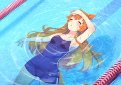 Rule 34 | 1girl, animal ears, arm up, armpits, blue one-piece swimsuit, breasts, closed eyes, collarbone, covered navel, hand on own forehead, highres, long hair, mayano top gun (umamusume), motsutoko, one-piece swimsuit, open mouth, orange hair, pool, school swimsuit, skin tight, sleeveless, small breasts, solo, swimming, swimsuit, thighs, umamusume, wading, water