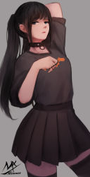 Rule 34 | 1girl, arm behind head, artist name, black hair, black shirt, black skirt, blue eyes, closed mouth, collar, cross, eyebrows, grey background, half-closed eyes, highres, holding, leggings, lips, long hair, looking at viewer, nose, original, ponytail, shimmer, shirt, signature, simple background, skirt, solo, standing, thighhighs