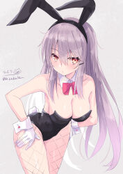 Rule 34 | 1girl, absurdres, animal ears, bare shoulders, black leotard, bow, bowtie, breasts, character request, cleavage, detached collar, fake animal ears, fake tail, fishnet pantyhose, fishnets, gloves, grey background, hands on own hips, highres, hizaka, kantai collection, leaning forward, leotard, long hair, looking at viewer, medium breasts, pantyhose, playboy bunny, purple hair, rabbit ears, rabbit tail, red eyes, simple background, solo, strapless, strapless leotard, tail, thighs, white gloves, wrist cuffs