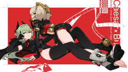 2girls all_fours barefoot black_gloves black_jacket black_leotard black_shorts black_thighhighs blonde_hair boots brown_eyes burnice_white caesar_king_(zenless_zone_zero) full_body gloves green_hair heitian_keji high_heel_boots high_heels highres jacket knee_boots leotard long_hair long_sleeves looking_at_viewer lying medium_hair micro_shorts multiple_girls on_back red_eyes shorts simple_background single_knee_boot smile thighhighs zenless_zone_zero