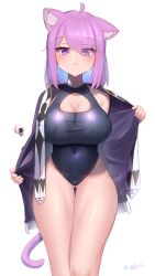 Rule 34 | 1girl, :3, ahoge, animal ears, blue hair, blue one-piece swimsuit, breasts, cat ears, cat girl, cat tail, cleavage, cleavage cutout, clothing cutout, colored inner hair, covered navel, curvy, gabai, gluteal fold, hair over one eye, highres, hololive, large breasts, medium hair, multicolored hair, nekomata okayu, nekomata okayu (wonderland), one-piece swimsuit, onigirya (nekomata okayu), open clothes, open shirt, purple eyes, purple hair, simple background, solo, swimsuit, tail, taut clothes, taut swimsuit, thigh gap, virtual youtuber, white background