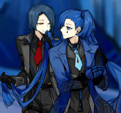 Rule 34 | 1boy, 1girl, black coat, black gloves, black pants, black shirt, blue coat, blue eyes, blue gloves, blue hair, blue necktie, closed mouth, coat, collared shirt, constellation print, e.g.o (project moon), employee (project moon), gloves, holding another&#039;s hair, lobotomy corporation, long hair, long sleeves, medium hair, necktie, nishikujic, one eye closed, one side up, pants, project moon, red necktie, shirt, smile, teardrop facial mark, very long hair, yellow eyes